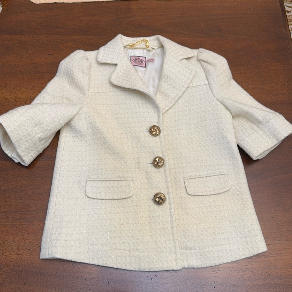 Juicy Couture Womens Off White & Gold Boucle Jacquard Jackie Blazer ~ Size 6